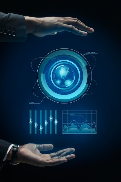 Business infographics in hologram made by hands