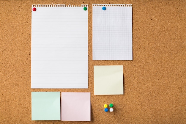 business, information, memo, management and education concept - close up of blank stickers and note paper on office cork board