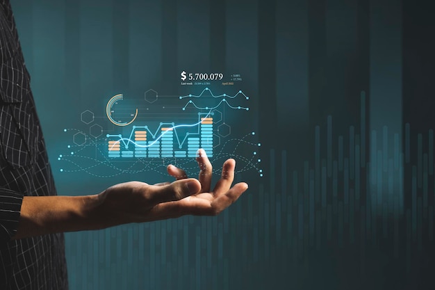 Business intelligence analyst dashboard on virtual screen Big data Graphs Charts