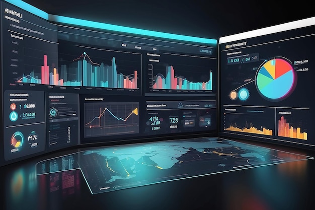 Business intelligence dashboard met grafieken en iconen Big data Handel en investeringen Moderne technologie concept op virtueel scherm