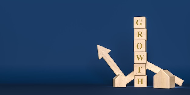 Business and investment growth with wooden cubes written growth in background 3d rendering