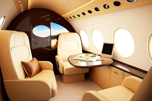 Business jet aircraft interior for traveling to distant destinations on board generative ai