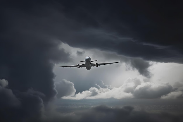 구름 위의 높은 고도를 비행하는 비즈니스 제트 비행기 신경망 AI 생성