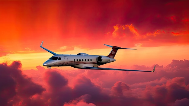 Business jet airplane flying on a high altitude above red clouds Ai generative