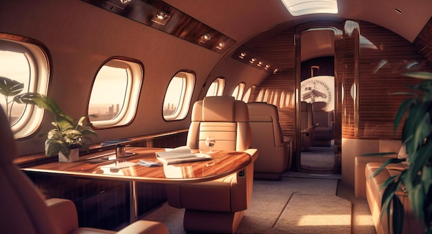 A business jet has several seats inside with windows and some televisions