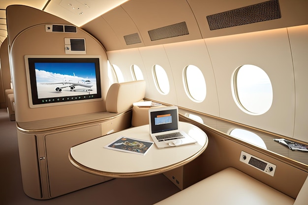 Business jet with plush seating and modern entertainment systems ready for takeoff
