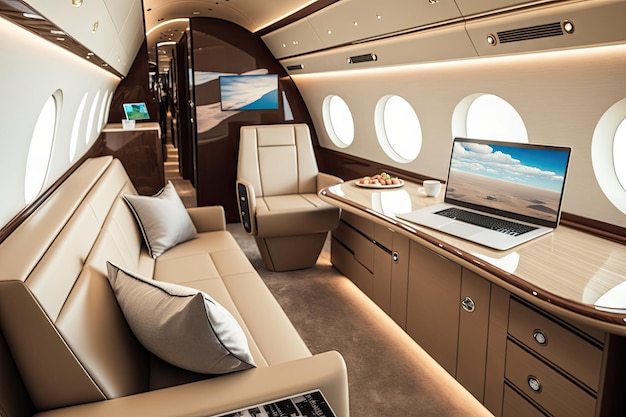 Business jet with sleek and modern interior featuring highend furniture and technology