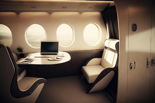 Business jet with sleek and modern interior featuring minimalist design elements