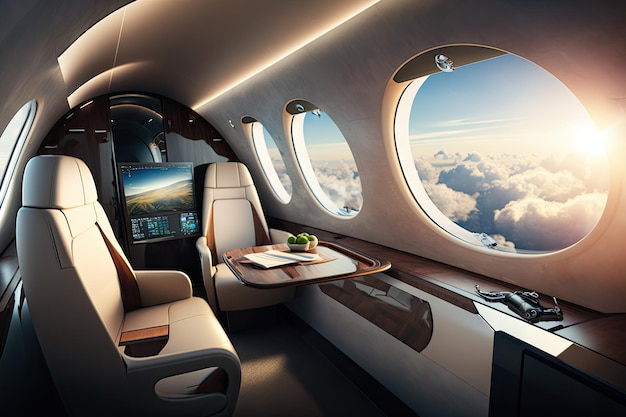 Business jet with view of the cockpit showing advanced technology and sleek design