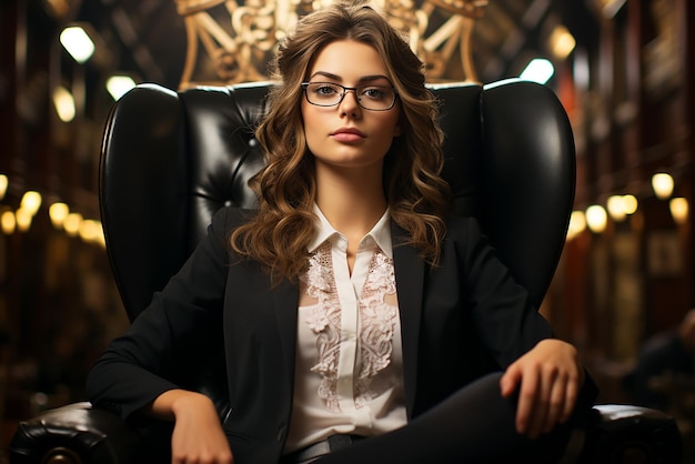 Business lady in a black leather chair in an office in a business empire