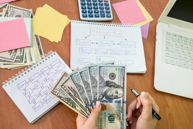 Business lady counting dollar banknotes for realizing of business plan