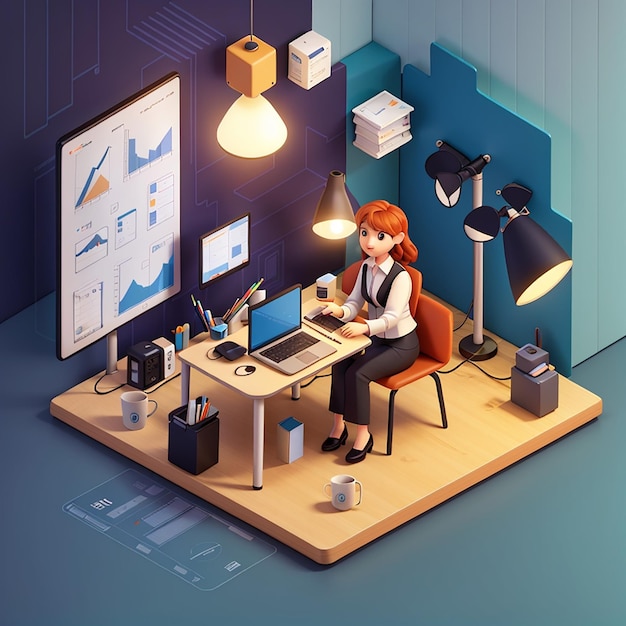 Business lady isometric composition with laptop and small female characters with infographic elements and lamp bulb vector illustration