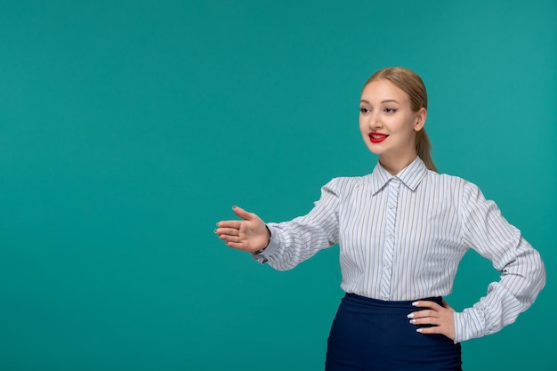 Business lady pretty young girl in office outfit smiling and giving handshake