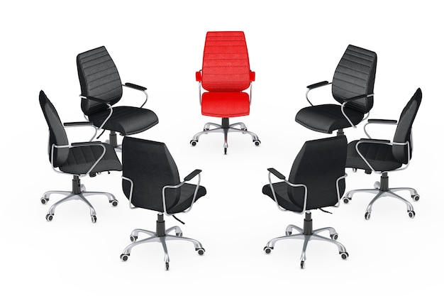 Business Large Meeting. Chairs arranging round with Red Leather Boss Office Chair on a white backgroundl. 3d Rendering.
