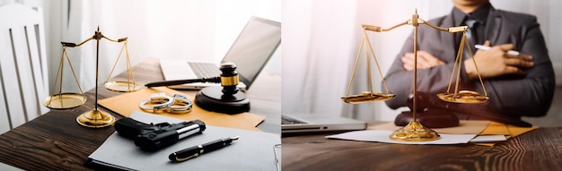 Business and lawyers discussing contract papers with brass scale on desk in office Law legal services advice justice and law concept picture with film grain effect