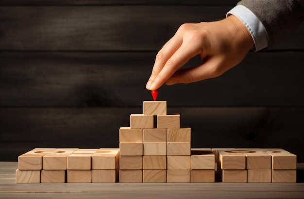 Бизнес-лидер рука деревянный куб бизнесмен делает пирамиду деревянные блоки концепция бизнес-иерархия