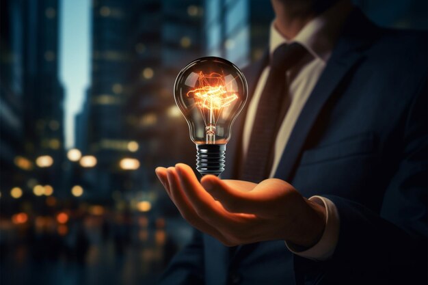 Business leader holds luminous lightbulb embodying innovation and strategic insight