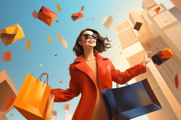 Фото Концепция делового образа жизни, потребительства и шоппинга счастливая женщина с сумками для покупок, наслаждающаяся покупками