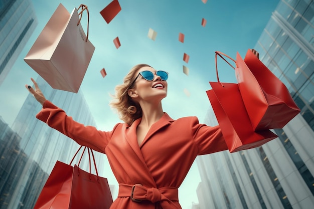 Business Lifestyle Consumerism and Shopping concept Happy woman with shopping bags enjoying in shopping