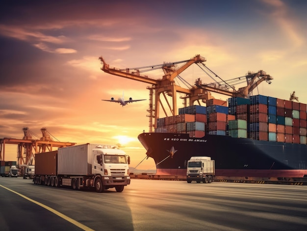 컨테이너 트럭의 비즈니스 물류 및 운송 개념 항구에서 선박과 화물 화물 항공기 운송 및 수출 상업 물류