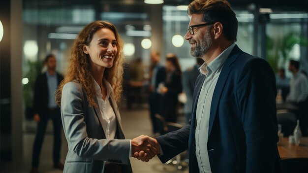 Photo business mad and woman shaking hand after the deal complete