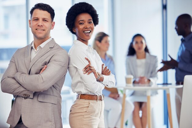 Business man black woman and arms crossed in partnership portrait for motivation teamwork and smile Happy businessman corporate leadership and team building with diversity support and solidarity