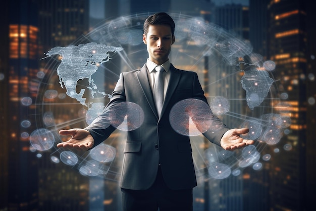 business man blurred with hand spread of with application icons and world