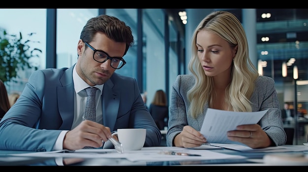 business man and a business woman engage in a discussion as they read a financial report together