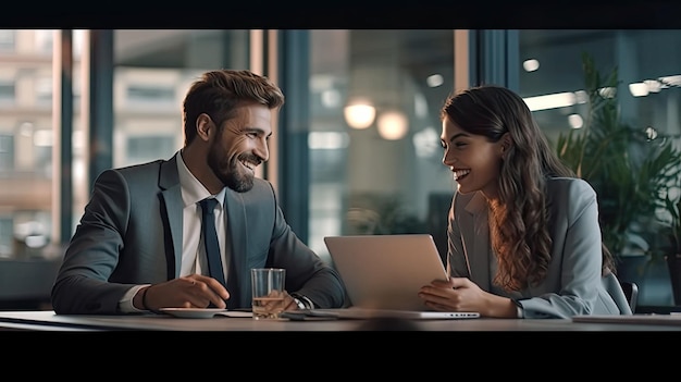 business man and a business woman engage in a discussion as they read a financial report together