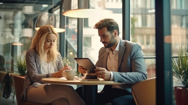 a business man and a business woman engage in a discussion as they read a financial report together