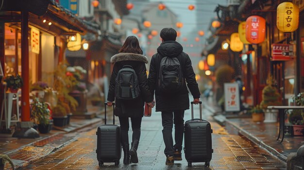 Business man and business woman wear black suit walking together with luggage on the public street B