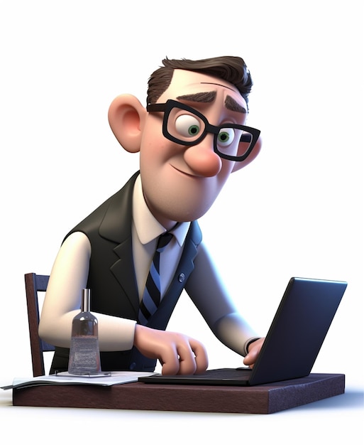 Business man character is busy working in front of laptop 3d illustration generative ai