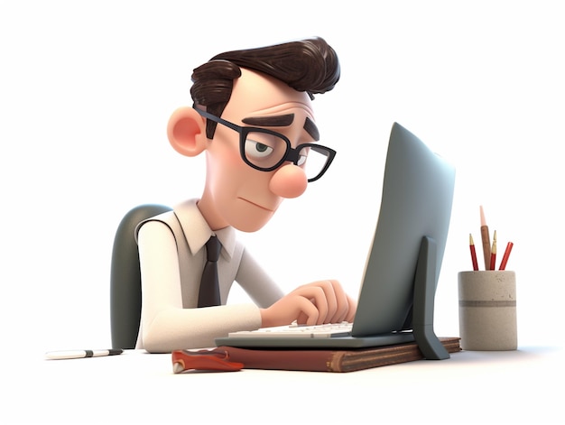 Business man character is busy working in front of laptop 3d illustration generative ai