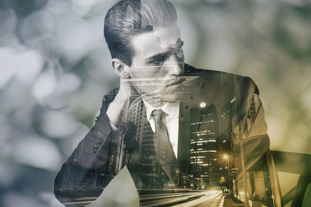 Business man city and double exposure for thinking employee with monochrome and art deco overlay Urban old school and corporate worker with ideas and person with skyline in black and white effect