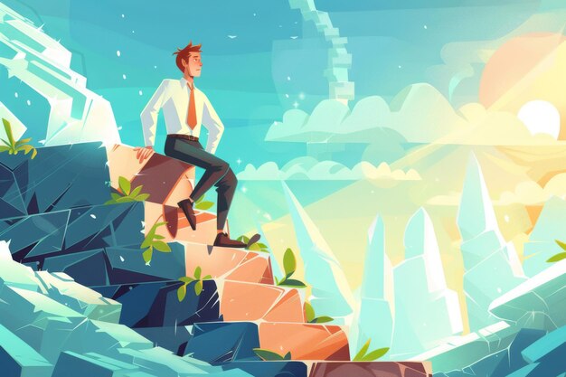 Business man climbing stairs from start up to success Career development infographic banner Ambition plan job opportunity cartoon illustration