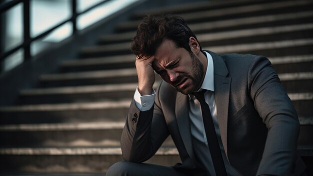 Business man in depression sitting on ground street concrete stairs suffering from overwork and stress