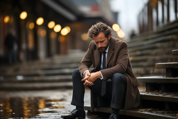 Photo business man in depression sitting on ground street concrete stairs suffering from overwork