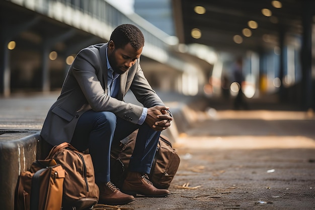 Business man in depression sitting on ground street concrete stairs suffering from overwork