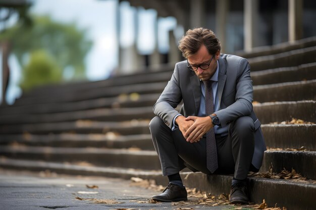 Business man in depression sitting on ground street concrete stairs suffering from overwork