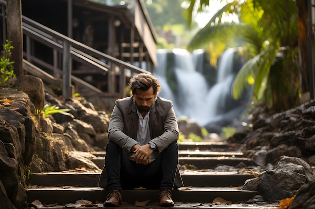 Business man in depression sitting on ground street concrete stairs suffering from overwork