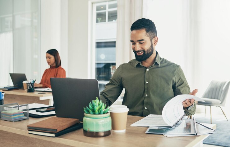 Photo business man documents and computer for audit finance report and company revenue or budget planning in startup office professional worker with accounting documents laptop and taxes or bookkeeping