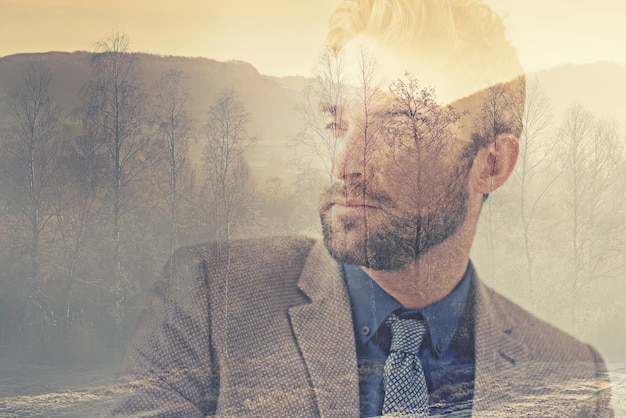 Photo business man double exposure and trees for thinking mindset or vision for development in environment sustainability ecology and woods with businessman focus and ideas with creative art overlay