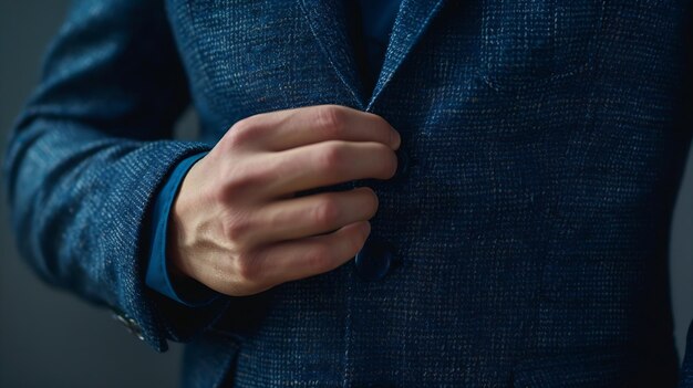 写真 ビジネスマンが深青のシャツを着て青いツイードのブレーザーにボタンをつけて手をつないでジェネレーティブai