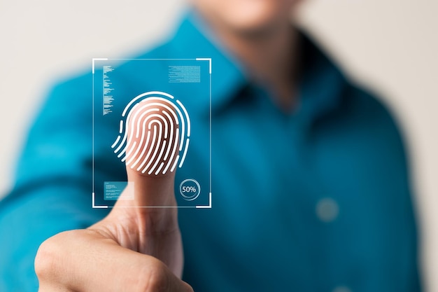 business man fingerprint scanning and biometric authentication cybersecurity and fingerprint password future technology and cybernetics