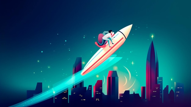 Business man flying on top of rocket startup creation concept digital illustration Generative AI illustrator