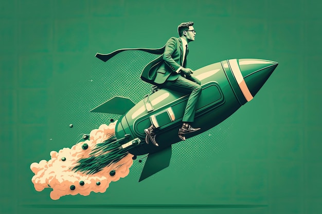 Photo business man flying on top of rocket startup creation concept green background ai