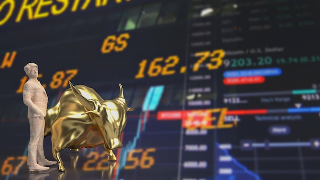 The business man and gold bull on chart background 3d rendering