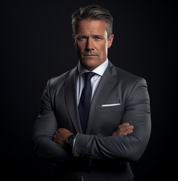 Photo a business man in a gray suit posing with his arms crossed in front of a background