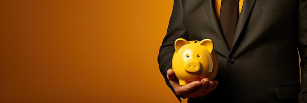 Business man hand hold piggy bank on yello background