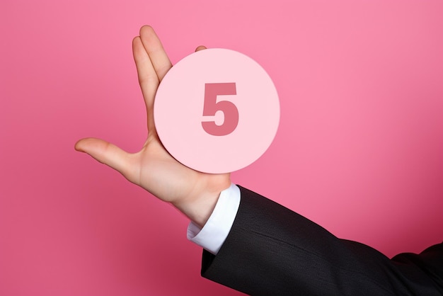 business man hand showing percent symbol on pink background